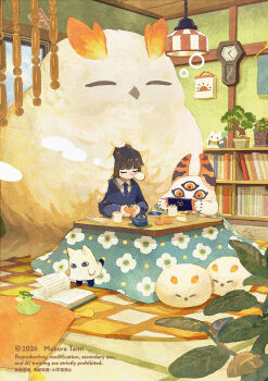 1boy animal bird blue_necktie blue_sweater bonsai book clock closed_eyes commentary_request flower food fruit ghost handheld_game_console holding holding_handheld_game_console indoors kettle kotatsu lamp mandarin_orange monster necktie nengajou new_year original oversized_animal owl shelf sitting sweater table tami_yagi wall_clock washitsu