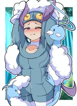 1girl absurdres altaria aviator_cap blue_suit blue_unitard blush breasts collarbone feathers fluffy formal_clothes gen_3_pokemon goggles half-closed_eye helmet highres ken725011186 long_hair long_sleeves nintendo one_eye_closed pilot_helmet pokemon pokemon_(creature) pokemon_oras ponytail purple_eyes purple_hair raised_eyebrows restrained suit swablu two_side_up unitard white_feathers winona_(pokemon)