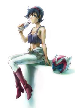 1girl black_hair blue_eyes boots bottle breasts cleavage drink female_focus getter_robo hairband helmet medium_breasts midriff nakamura_kanko navel pilot_suit saotome_michiru short_hair sideboob sitting solo tank_top toei_company