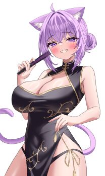 1girl :d absurdres ahoge animal_ears black_dress breasts cat_ears cat_girl cat_tail china_dress chinese_clothes cleavage cleavage_cutout clothing_cutout commentary_request covered_navel cowboy_shot crossed_bangs double-parted_bangs dress grin hair_between_eyes hair_bun hand_fan hand_up highres holding holding_fan hololive kumoru_(kumoru_145) large_breasts looking_at_viewer nekomata_okayu open_mouth panties pelvic_curtain purple_eyes purple_hair short_hair side-tie_panties side_slit simple_background single_hair_bun sleeveless sleeveless_dress smile solo tail underwear virtual_youtuber white_background