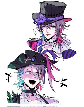 1boy artist_name black_collar black_hat blue_eyes closed_mouth cloumello collar commentary cropped_shoulders crossed_bangs english_commentary gavis_bettel gavis_bettel_(1st_costume) gavis_bettel_(2nd_costume) grey_hair hair_between_eyes hat heterochromia highres holostars holostars_english looking_at_viewer male_focus multicolored_hair multiple_views official_alternate_costume one_eye_closed open_mouth pink_eyes pirate_hat short_hair simple_background smile tongue tongue_out top_hat twitter_username virtual_youtuber white_background