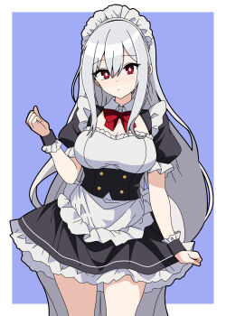 1girl alternate_costume apron arknights arm_up black_dress black_wrist_cuffs blue_background border breasts cleavage closed_mouth collared_dress commentary_request cowboy_shot dr_bulkman dress enmaided frilled_apron frilled_cuffs frilled_skirt frilled_sleeves frills grey_hair highres large_breasts long_hair looking_at_viewer maid maid_headdress puffy_short_sleeves puffy_sleeves red_eyes short_sleeves skadi_(arknights) skirt solo stomach underbust very_long_hair white_apron white_border white_headdress wrist_cuffs
