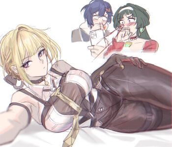 3girls astra_yao belle_(zenless_zone_zero) black_gloves black_pants blonde_hair blood blue_hair blush breasts cellphone closed_mouth commentary earrings evelyn_chevalier gloves gnarlypzofbread green_hair hairband high-waist_pants highres holding holding_phone jewelry large_breasts long_hair multiple_girls necklace nosebleed pants pearl_necklace phone purple_eyes shirt short_hair smartphone tight_clothes tight_pants white_background white_hairband white_shirt yuri zenless_zone_zero