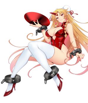 Rule 34 | 1girl, blonde hair, bound, bound ankles, bound wrists, braid, breasts, cleavage, commentary request, covered navel, cuffs, cup, curtained hair, curvy, double bun, dress, fang, frown, full body, hair bun, hataraki kuma, high heels, highleg, highleg leotard, holding, holding cup, horns, hoshiguma yuugi, knees together feet apart, large breasts, legs, leotard, long hair, long legs, looking at viewer, oni, pointy ears, red eyes, red leotard, red nails, red shoes, shackles, shoes, simple background, single horn, solo, star (symbol), strapless, strapless leotard, thighhighs, thighs, touhou, transparent background, twin braids, v-shaped eyebrows, very long hair, white thighhighs