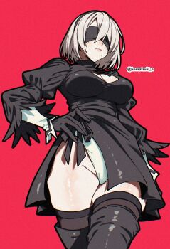 1girl 2b_(nier:automata) absurdres black_dress black_gloves black_hairband black_thighhighs blindfold boots breasts cleavage cleavage_cutout closed_mouth clothing_cutout covered_eyes dress feather-trimmed_sleeves gloves hairband hand_on_own_hip highleg highleg_leotard highres juliet_sleeves komatsuki_n leotard lips long_sleeves medium_breasts mole mole_under_mouth nier:automata nier_(series) puffy_sleeves red_background short_hair simple_background solo thigh_boots thighhighs thighs twitter_username white_hair white_leotard