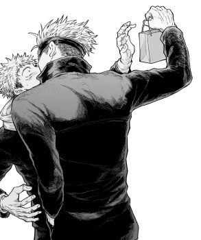 Rule 34 | 2boys, bag, blush, commentary request, fingernails, french kiss, from behind, gojou satoru, greyscale, hand in pocket, height difference, high collar, highres, holding, holding bag, itadori yuuji, jujutsu kaisen, jujutsu tech uniform, kiss, male focus, monochrome, multiple boys, nay bb, shopping bag, short hair, simple background, standing, surprise kiss, surprised, upper body, white background, yaoi