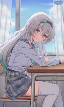 1girl aqua_hair bow bowtie chair closed_mouth curtains desk firefly_(honkai:_star_rail) firefly_(spring_missive)_(honkai:_star_rail) gradient_hair green_bow green_bowtie grey_hair grey_sailor_collar grey_skirt hair_between_eyes hairband highres honkai:_star_rail honkai_(series) indoors long_hair long_sleeves looking_at_viewer multicolored_eyes multicolored_hair official_alternate_costume on_chair ponnyu12 sailor_collar school_chair school_desk school_uniform shirt sitting skirt smile solo thighhighs white_shirt white_thighhighs window zettai_ryouiki