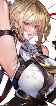 Rule 34 | 1girl, arm strap, arm up, armpits, bare shoulders, black choker, black pants, blonde hair, breasts, choker, commentary request, earrings, evelyn chevalier, high-waist pants, highres, jewelry, large breasts, looking at viewer, mole, mole under eye, necktie, pants, parted lips, pendant choker, purple eyes, shirt, siiii 0s, simple background, sleeveless, sleeveless shirt, solo, upper body, white background, white shirt, yellow necktie, zenless zone zero