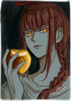 1girl apple border braid chainsaw_man commentary english_commentary expressionless food fruit golden_apple halo highres holding holding_food holding_fruit long_hair looking_at_viewer makima_(chainsaw_man) ndsoda red_hair red_halo ringed_eyes shirt solo upper_body white_border white_shirt yellow_eyes