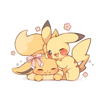 Rule 34 | absurdres, animal focus, black eyes, blush, commentary, eevee, english commentary, flower, gen 1 pokemon, highres, lying, nintendo, no humans, one eye closed, open mouth, pikachu, pokemon, pokemon (creature), pokemon focus, ribbon, sevi (seviyummy), simple background, sitting, smile