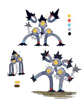 >_< 950magi618 closed_eyes color_guide commentary_request flying_sweatdrops full_body highres magnet nintendo no_humans one-eyed pokemon pokemon_(creature) pokemon_focus sandy_shocks screw simple_background sleeping white_background zzz