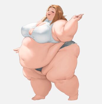 1girl absurdres belly big_belly blue_eyes breasts brown_hair button_gap cleavage commission covered_erect_nipples crop_top cutoffs fat fat_woman from_side highres large_breasts medium_hair navel obese one_eye_closed open_mouth original short_shorts shorts sleeveless smile softon_(_softon) solo standing thick_arms thick_thighs thighs v white_background wink