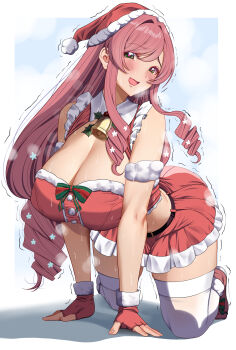 absurdres akihiro0920 all_fours bell blue_background blush breasts christmas cleavage commentary_request dress drill_hair fingerless_gloves gloves green_eyes hanazono_hahari hat highres huge_breasts kimi_no_koto_ga_dai_dai_dai_dai_daisuki_na_100-nin_no_kanojo long_hair looking_at_viewer mature_female neck_bell open_mouth pleated_skirt red_gloves red_hair red_shoes red_skirt santa_costume santa_dress santa_hat shadow shoes sidelocks simple_background skirt smile sweat trembling very_long_hair