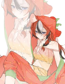 1girl :t animal_ears arm_support babydoll bare_shoulders black_streaks blue_eyes braid dated double-parted_bangs feet_out_of_frame food_print fruit_print hair_between_eyes hakos_baelz hakos_baelz_(strawberry_onesie) hei_(hei_0322) highres hololive hololive_english jitome knees_up light_blush looking_at_viewer mouse_ears mouse_girl multicolored_hair navel onesie open_pajamas pajamas pink_babydoll polka_dot_babydoll red_hair red_pajamas side_braid simple_background sitting solo strap_slip strawberry_print streaked_hair virtual_youtuber white_background white_streaks yellow_babydoll zoom_layer