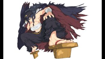 Rule 34 | 1girl, abs, absurdres, arm wrap, banchou, black hair, black hat, black pants, blue jacket, breasts, chest sarashi, cleavage, daidouji (senran kagura), delinquent, feet, foot focus, foreshortening, geta, hand on own knee, hat, highres, jacket, large breasts, long hair, muscular, muscular female, navel, non-web source, official art, pants, pillarboxed, red eyes, sarashi, senran kagura, senran kagura burst, senran kagura burst re:newal, solo, squatting, very long hair, white background, yaegashi nan