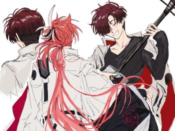 Rule 34 | 2boys, ahoge, black hair, black shirt, closed eyes, coat, coat on shoulders, collarbone, dual persona, facing away, fate/grand order, fate (series), from behind, grin, hair over one eye, holding, holding instrument, instrument, japanese clothes, long hair, long sleeves, low ponytail, male focus, multicolored hair, multiple boys, multiple views, music, one eye covered, open clothes, open mouth, pink hair, playing instrument, ponytail, red hair, shirt, short hair, simple background, sleeves past wrists, smile, streaked hair, takasugi shinsaku (fate), takasugi shinsaku (first ascension) (fate), teeth, two-sided coat, two-sided fabric, tyoookozuki, upper body, very long hair, white background, white coat, white hair, wide sleeves