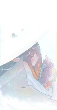 Rule 34 | 1girl, absurdres, blue eyes, clothing cutout, commentary, english commentary, floomf, from side, gradient hair, hat, highres, hololive, hololive english, long hair, long sleeves, lying, multicolored hair, ninomae ina'nis, on stomach, orange hair, pointy ears, purple hair, shirt, shoulder cutout, sidelocks, simple background, solo, takodachi (ninomae ina'nis), tentacle hair, under covers, virtual youtuber, white background, white hat, white shirt, wide brim