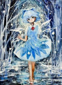 Rule 34 | 1girl, arm behind back, bare tree, barefoot, blue bow, blue dress, blue eyes, blue hair, bow, cirno, closed mouth, collared shirt, commentary request, dress, finale inoue, full body, hair bow, hand up, head tilt, highres, ice, ice wings, looking at viewer, neck ribbon, oil painting (medium), outdoors, painting (medium), pinafore dress, red ribbon, ribbon, shirt, short hair, sleeveless, sleeveless dress, smile, solo, touhou, traditional media, tree, walking, white shirt, wings