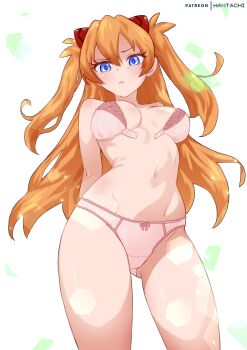 1girl absurdres arms_behind_back blue_eyes bra breasts dot_nose front-hook_bra hairpods hanta_(hantachi) highres looking_at_viewer medium_breasts navel neon_genesis_evangelion orange_hair panties pink_bra pink_panties solo souryuu_asuka_langley standing thighs underwear white_background