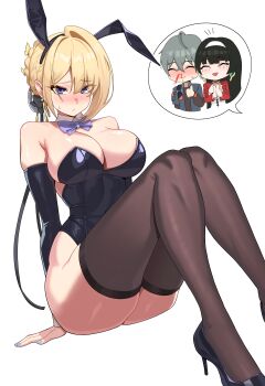 1boy 2girls absurdres aiden_(ofsb) alternate_costume animal_ears ass astra_yao black_leotard blonde_hair blood blue_nails blush breasts cleavage commentary_request detached_collar detached_sleeves evelyn_chevalier fake_animal_ears grey_hair hair_rings high_heels highres large_breasts leotard looking_at_viewer multiple_girls no_mole nosebleed playboy_bunny purple_eyes rabbit_ears single_hair_ring sitting strapless strapless_leotard sweat thick_thighs thighhighs thighs wide_hips wise_(zenless_zone_zero) zenless_zone_zero