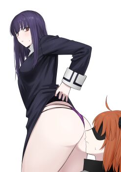 2girls absurdres asagami_fujino ass ass_focus blush covered_eyes egomeshi fate/grand_order fate_(series) fujimaru_ritsuka_(female) highres huge_ass long_hair multiple_girls orange_hair panties purple_hair school_uniform short_hair simple_background sweatdrop underwear