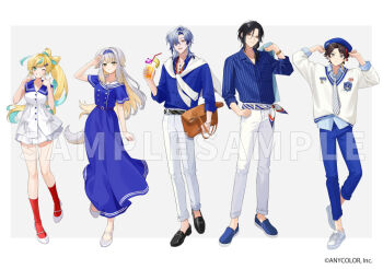 2girls 3boys alternate_costume animal_ears bag belt black_belt black_hair black_shoes blonde_hair blue_belt blue_hair blue_hat blue_sailor_collar blue_shoes border bow-shaped_hair brown_bag cardigan collared_shirt colored_inner_hair colored_tips commentary_request copyright_notice diagonal-striped_belt dog_ears dog_girl dog_tail dress drink full_body glasses green_eyes green_hair grey_background grey_hair hair_over_one_eye hand_up hands_up hat holding holding_bag holding_drink isamu jacket jacket_around_neck long_hair long_sleeves looking_at_viewer milan_kestrel multicolored_hair multiple_boys multiple_girls nijisanji official_art one_eye_closed open_mouth pants pants_rolled_up red_eyes red_hair red_socks saegusa_akina sailor_collar sailor_dress sample_watermark shading_eyes shellin_burgundy shioriha_ruri shirt shoes short_hair short_sleeves simple_background sleeves_rolled_up smile socks streaked_hair striped_clothes striped_shirt tachitsute_toto tail tied_jacket vertical-striped_clothes vertical-striped_shirt virtual_youtuber watermark white_belt white_border white_cardigan white_dress white_pants white_shoes