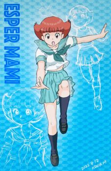 1girl \m/ aqua_neckerchief aqua_sailor_collar aqua_skirt artist_name black_shoes black_socks blue_background brown_eyes brown_hair closed_mouth commentary_request copyright_name dated esper_mami full_body highres leg_up loafers looking_at_viewer midriff mizutani_kenta multiple_views neckerchief open_mouth outstretched_arms pleated_skirt sailor_collar sakura_mami school_uniform serafuku shoes short_hair short_sleeves sketch_inset skirt smile socks standing standing_on_one_leg