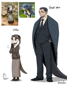 1boy 1girl :3 absurdres animal_ears artist_name artist_self-insert black_cape black_eyes black_footwear black_gloves black_hair black_jacket black_necktie black_pants brown_hair brown_jacket brown_skirt buttons cape cheekbones closed_mouth collared_shirt commentary creature_and_personification double-breasted dress_shirt english_commentary facial_hair formal_clothes frown fur_cape gegegekman gloves hair_intakes hair_slicked_back hands_in_pockets height_difference highres injury jacket jaw korean_text long_skirt long_sleeves looking_ahead multicolored_hair necktie original otter_ears otter_tail own_hands_together pants parted_bangs personification photo-referenced scar scar_on_face serious shadow shirt shoes side-by-side signature simple_background size_difference skirt smile standing stubble suit suit_jacket tail thick_eyebrows twitter_username two-tone_hair white_background white_hair white_shirt widow's_peak