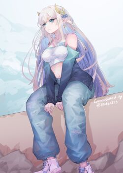 1girl absurdres blue_eyes blue_hair blue_pants braid closed_mouth colored_inner_hair commission crop_top denim hair_ornament highres hikanari_hina jeans long_hair mai_owmy multicolored_hair navel pants phase_connect pointy_ears shoes solo stomach twitter_username vgen_commission white_hair wing_hair_ornament