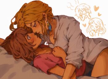 2girls black_eyes blonde_hair brown_hair collared_shirt commentary earrings english_commentary feather_earrings feathers girl_on_top heart highres jewelry life_is_strange_(series) long_hair lying max_caulfield maxcrackfield multiple_girls no_pants on_back rachel_amber red_shirt shirt short_hair short_sleeves sleeves_rolled_up white_shirt yuri