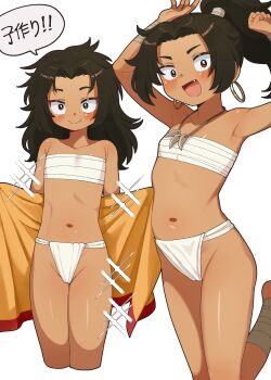 1girl :d absurdres bandaged_wrist bandages black_hair blush brown_eyes chest_sarashi collarbone commentary_request dark-skinned_female dark_skin earrings fang flat_chest fundoshi funifuchan high_ponytail highres hoop_earrings japanese_clothes jewelry jigokuraku jumping loli long_hair messy_hair multiple_views navel necklace nurugai open_mouth open_towel ponytail sanpaku sarashi simple_background smile sparkle speech_bubble standing tooth_necklace towel white_background
