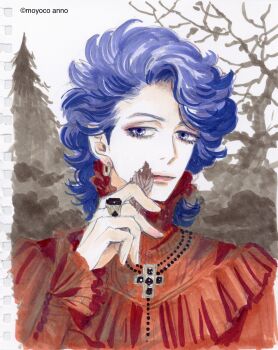 1boy anno_moyoco closed_mouth commentary_request eyeshadow frilled_shirt frills highres holding holding_leaf jewelry leaf light_smile makeup male_focus mixed-language_commentary official_art outdoors purple_eyes purple_hair ring rockin&#039;_robin_(sugar_sugar_rune) shirt solo sugar_sugar_rune traditional_media turtleneck twitter_username upper_body