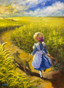 Rule 34 | 1girl, animal ears, apron, artist name, atsushi miyaji, black shoes, blue dress, blue sky, bow, braid, brown hair, cloud, commentary request, day, dog, dorothy gale, dress, hair bow, hat, highres, juliet sleeves, long sleeves, oil painting (medium), outdoors, painting (medium), pantyhose, pink bow, puffy sleeves, road, shoes, single braid, sky, standing, straw hat, striped clothes, striped dress, the wizard of oz, toto (the wizard of oz), traditional media, vertical-striped clothes, vertical-striped dress, walking, wheat, wheat field, white apron, white pantyhose, yellow brick road