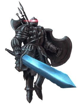 Rule 34 | 1boy, ariartaccount, armor, armored boots, axe, boots, breastplate, commentary, dark souls (series), dark souls ii, english commentary, faulds, full armor, full body, gauntlets, glowing, glowing eyes, highres, holding, holding shield, holding sword, holding weapon, knight, looking at viewer, male focus, pauldrons, procreate (medium), red eyes, shield, shoulder armor, simple background, solo, sword, the pursuer, weapon, white background