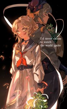 Rule 34 | 2girls, aged down, back-to-back, belt, black background, black belt, black hat, blonde hair, blue sailor collar, blue skirt, bouquet, closed eyes, commentary, dirty, dirty clothes, dirty face, dress, druvis iii, english commentary, english text, fire, flower, green eyes, hat, highres, holding, holding bouquet, juliet sleeves, jutyonduty, long skirt, long sleeves, mistletoe, multiple girls, neckerchief, profile, puffy sleeves, red neckerchief, reverse:1999, sailor collar, shirt, short hair, skirt, time paradox, white dress, white shirt