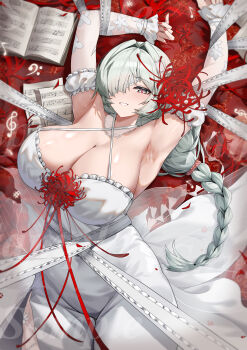 1girl absurdres alternate_breast_size_(larger) alternate_costume armpits arms_up bandage_over_one_eye bare_shoulders braid breasts chinese_commentary cleavage commentary_request criss-cross_halter dress flower grey_eyes grey_hair hair_intakes halter_dress halterneck highres huge_breasts huiqie light_blush long_hair looking_at_viewer low-braided_long_hair low-tied_long_hair parted_lips phrolova_(wuthering_waves) sample_watermark sheet_music smile solo spider_lily watermark white_dress wuthering_waves