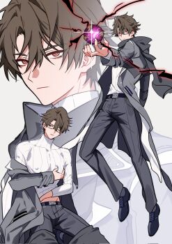 1boy belt belt_buckle black_belt black_shoes bright_pupils brown_eyes brown_hair buckle closed_mouth coat commentary corrupted_twitter_file covered_erect_nipples expressionless full_body glasses grabbing_own_pectoral grey_background grey_coat grey_pants grey_socks hair_between_eyes highres honkai_(series) honkai_impact_3rd long_sleeves looking_at_viewer male_focus multiple_views one_eye_closed open_clothes open_coat pants parted_lips pectoral_grab red_eyes semi-rimless_eyewear shoes simple_background socks sweater symbol-only_commentary turtleneck turtleneck_sweater under-rim_eyewear welt_yang white_pupils white_sweater yuelinpanp98413