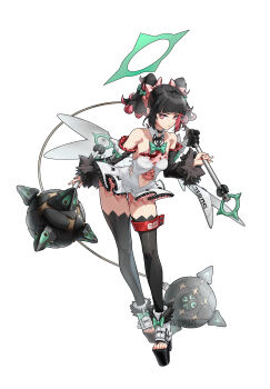 1girl absurdres ball_and_chain_(weapon) bare_shoulders black_hair black_thighhighs blunt_bangs bow breasts chinese_commentary clothing_cutout commentary_request detached_sleeves double_bun dress frills full_body hair_bow hair_bun hair_ornament halo highres holding holding_weapon leaning_forward long_sleeves looking_at_viewer multicolored_hair navel navel_cutout pink_eyes pink_hair red_eyes rokudu_sariel short_dress short_hair simple_background skull small_breasts smile solo spiked_ball_and_chain spikes standing thighhighs twintails two-tone_hair weapon white_background white_dress wide_sleeves wings zenless_zone_zero zuomuzi_cheche