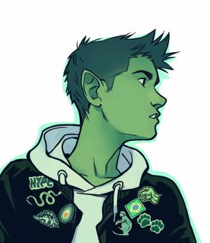1boy avocado beast_boy_(dc) black_eyes brazilian_flag colored_skin dc_comics dinosaur dog_paws gabriel_picolo gabriel_picolo_(artist) green_hair green_skin highres monkey pointy_ears serious snake solo teen_titans white_background