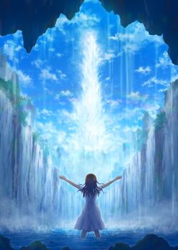 Rule 34 | 1girl, absurdres, au ito, blue sky, brown hair, cave, cliff, cloud, commentary request, day, dress, floating hair, fountain, from behind, highres, lake, nature, original, rainbow, rock, short sleeves, sky, solo, standing, thigh strap, tree, wading, water, waterfall, wet, wet clothes, wet dress, wet hair, white dress, wide shot
