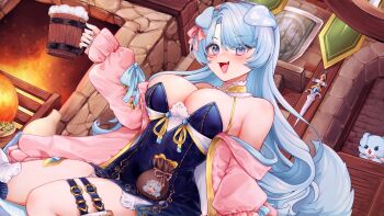 1girl animal_ears black_dress blue_eyes blue_hair blue_nails breasts commentary dog dog_ears dog_girl dog_tail dress fang fire fireplace hair_ribbon highres indie_virtual_youtuber long_hair long_sleeves open_mouth pink_ribbon pixxi_(vtuber) ribbon second-party_source sword tail tankard vina_vanilla virtual_youtuber weapon