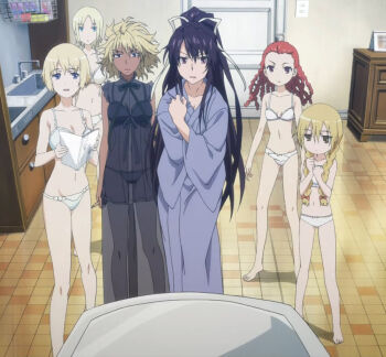 6+girls agnese_sanctis angelene blonde_hair blue_eyes book bow bow_panties bra braid breasts cleavage closed_mouth collarbone dark-skinned_female dark_skin door drawer hair_bow hair_tie hands_up height_difference holding holding_book indoors japanese_clothes jitome kanzaki_kaori kimono large_breasts long_hair looking_down lucia_(toaru_majutsu_no_index) messy_hair mirror multiple_braids multiple_girls navel open_mouth orsola_aquinas panties ponytail purple_hair red_eyes red_hair screencap see-through_clothes sherry_cromwell short_hair sink small_breasts standing switch tile_floor tiles toaru_majutsu_no_index tsurime twin_braids underwear washing_machine yellow_eyes