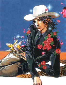 1boy araki_hirohiko_(style) black_hair black_jacket black_necktie blue_background brown_pants collared_shirt commentary_request cowboy_hat dim_7976 facial_mark flower grey_shirt hat highres jacket long_sleeves looking_at_viewer medium_hair necktie nose on_ground original pants parted_lips red_flower red_rose rose sample_watermark shadow shirt solo stand_(jojo) star_(symbol) teardrop_facial_mark watermark white_hat