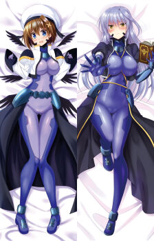 2girls black_wings blue_bodysuit blue_eyes blue_hair blush bodysuit book brown_hair cameltoe covered_navel endori hair_ornament hat highres holding holding_book long_hair looking_at_viewer lying lyrical_nanoha magical_girl mahou_shoujo_lyrical_nanoha_strikers military_uniform multiple_girls numbers&#039;_uniform numbers_(nanoha) on_back open_mouth reinforce short_hair smile wings x_hair_ornament yagami_hayate yellow_eyes