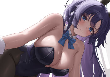 Rule 34 | 1girl, absurdres, animal ear hairband, animal ears, armpit crease, bare shoulders, black leotard, blue archive, blue bow, blue bowtie, blue eyes, blush, bow, bowtie, breasts, cleavage, closed mouth, collarbone, commentary request, fake animal ears, hairband, halo, highres, large breasts, leotard, long hair, looking at viewer, playboy bunny, purple hair, rabbit ear hairband, rabbit ears, red pupils, rianya07, simple background, solo, two side up, v-shaped eyebrows, very long hair, white background, yuuka (blue archive)