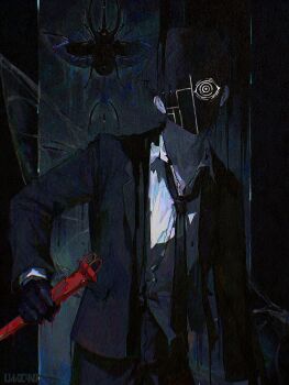 1boy beetle black_gloves black_hair black_jacket black_mask black_necktie black_pants black_suit blood bug commentary_request cowboy_shot dress_shirt formal_clothes gloves highres holding holding_nail insect jacket king_of_mercury_(psychopomp) l1m3candy looking_at_viewer loose_necktie male_focus mask nail_(hardware) necktie open_collar pants psychopomp_(game) shirt short_hair solo suit white_shirt
