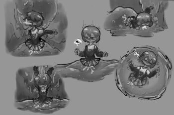 asphyxiation blush covered_in_slime cum cum_in_mouth cum_in_pussy drowning exhausted monochrome monochrome_background heavy_breathing pleated_skirt skirt slime stuck stuck_in_slime