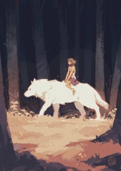 1girl absurdres barefoot brown_hair commentary english_commentary forest highres klur_arts medium_hair mononoke_hime moro_(mononoke_hime) nature outdoors san_(mononoke_hime) shirt white_fur white_shirt wolf