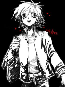 1boy :d bag black_background commentary cowboy_shot english_text high_contrast highres holding holding_bag jacket light_blush looking_ahead monochrome open_clothes open_jacket open_mouth randal's_friends short_hair sketch smile solo spot_color star_(symbol) sushi_ayu tsukada_satoru