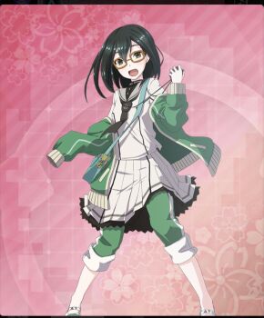 1girl :d aqua_bag ayanokouji_martial_arts_school_uniform bag black_hair black_neckerchief black_shirt breasts brown-framed_eyewear dot_nose double-parted_bangs floral_background game_cg glasses green_jacket green_pants green_shoes grey_sailor_collar hand_up handbag holding holding_stopwatch jacket legs_apart long_hair looking_at_viewer morishita_kihiro multicolored_shoes neckerchief off_shoulder official_art open_clothes open_jacket open_mouth pants pants_rolled_up pants_under_skirt pink_background rectangular_eyewear sailor_collar school_uniform serafuku shirt shoes skirt sleeves_past_fingers sleeves_past_wrists small_breasts smile solo stopwatch stopwatch_around_neck third-party_source toji_no_miko toji_no_miko:_kizamishi_issen_no_tomoshibi track_jacket track_pants two-tone_shoes watch white_serafuku white_shirt white_shoes white_skirt yellow_eyes